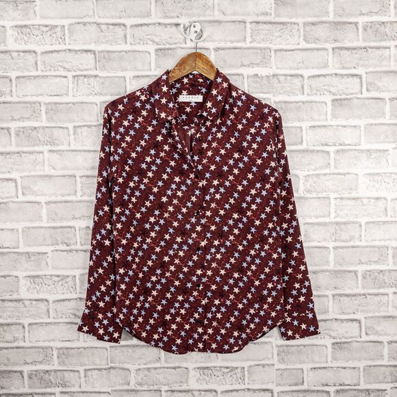 Sandro Paris 100% Silk Button up Blouse Burgundy with stars print Women's S - Picture 5 of 9